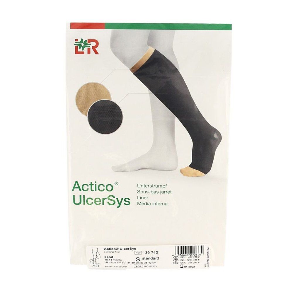 Emballage Actico® UlcerSys Liner Gr. S nude. Illustration d'une jambe avec chaussette. Cercles de couleur: beige, noir. Texte: Unterstrumpf, Sous-bas jarret, Liner, Media interna.