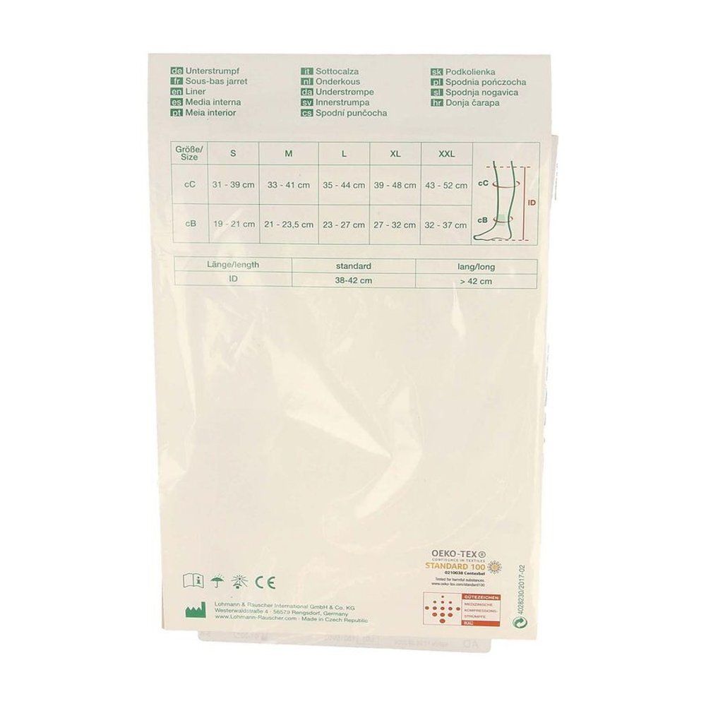 Emballage avec tableau des tailles et informations produit. Certification Oeko-Tex Standard 100. Bas de contention.