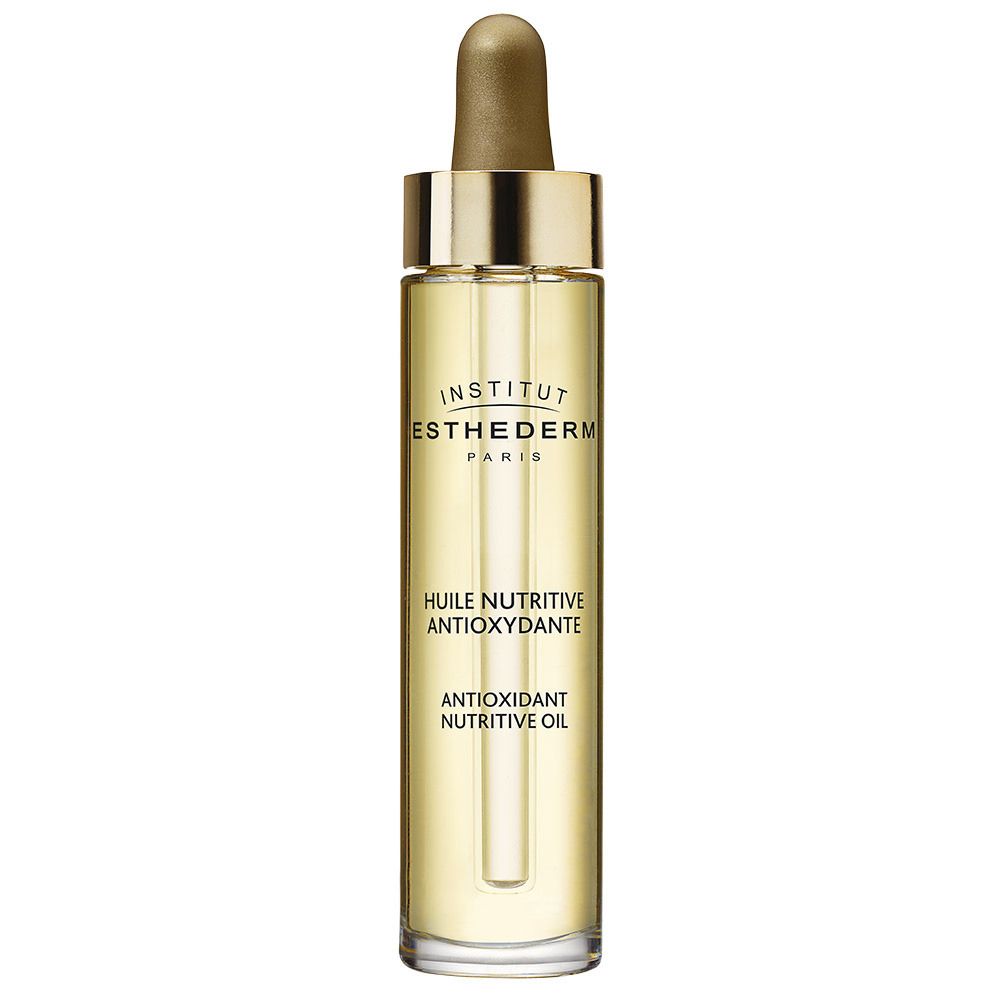 Flacon en verre transparent avec bouchon et pipette dorés. Inscription: INSTITUT ESTHEDERM PARIS, Huile nutritive antioxydante.