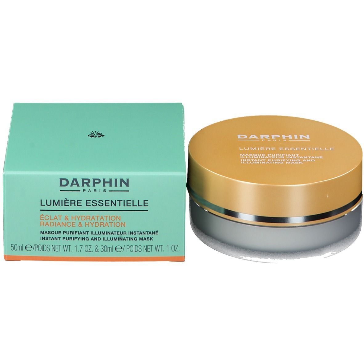 Pot et boîte. Inscription: DARPHIN, LUMIÈRE ESSENTIELLE. Masque. Boîte verte.