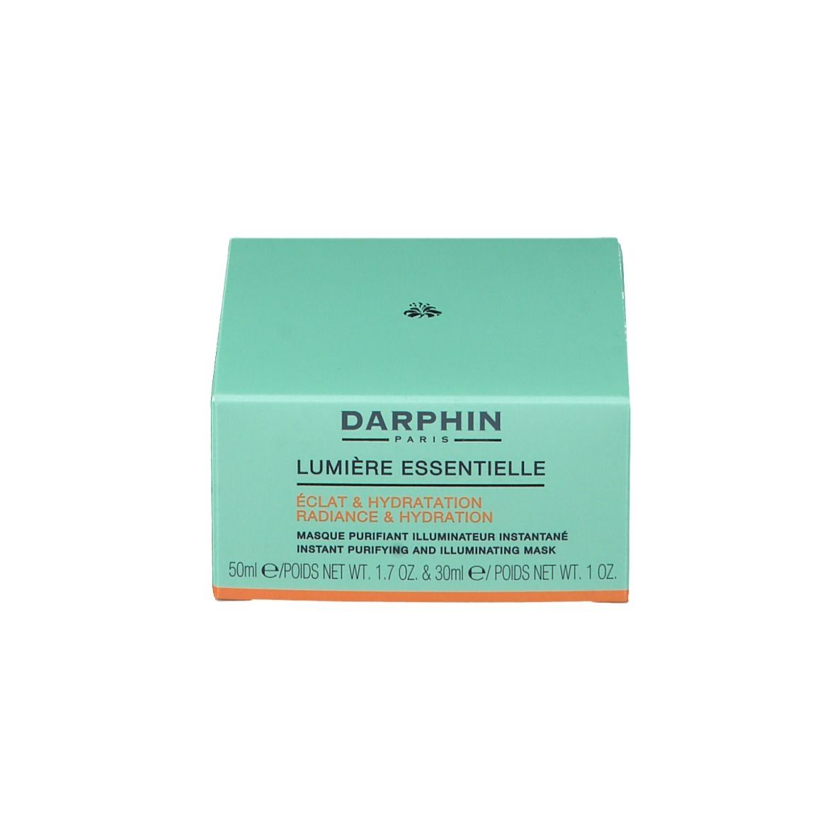 Boîte verte. Inscription: DARPHIN, LUMIÈRE ESSENTIELLE. Masque. Écriture orange.