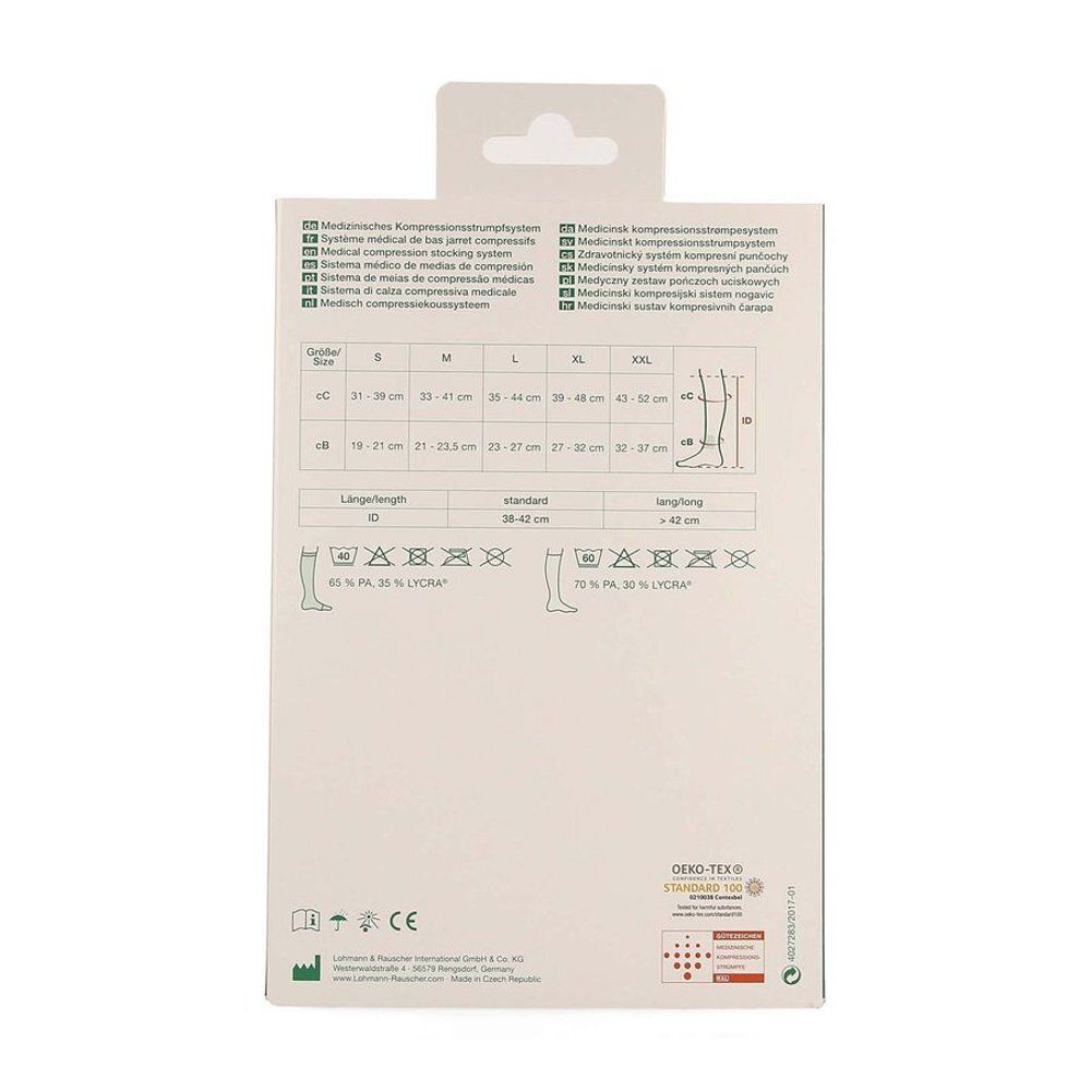 Dos de l'emballage Actico® UlcerSys Langer Strumpf. Tableau des tailles et informations produit.