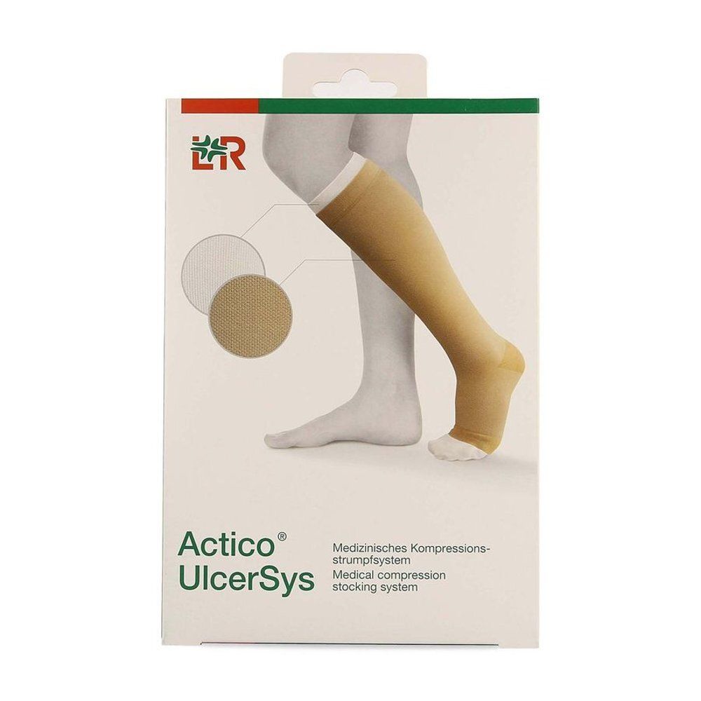 Boîte Actico® UlcerSys. Bas de compression beige sur illustration de jambe. Logo et nom du produit visibles.