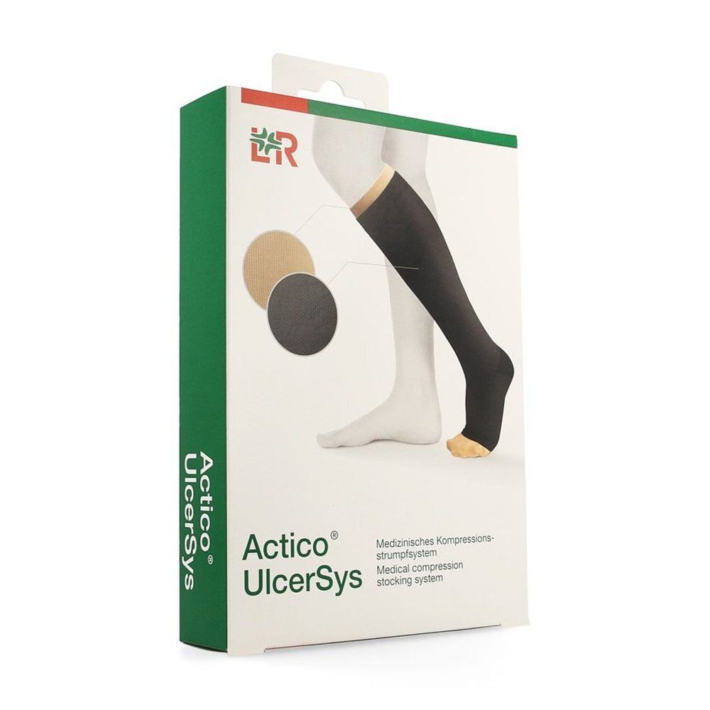 Emballage du système Actico® UlcerSys. Un bas de compression noir est illustré. Des informations sur le produit et le logo sont imprimés sur l'emballage.