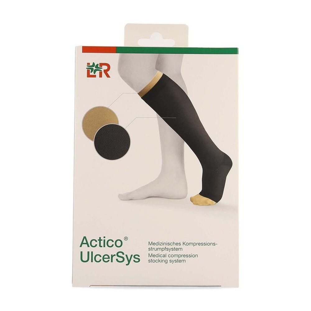 Boîte Actico® UlcerSys. Bas de compression noir et nude partiellement visible. Logo et nom du produit.