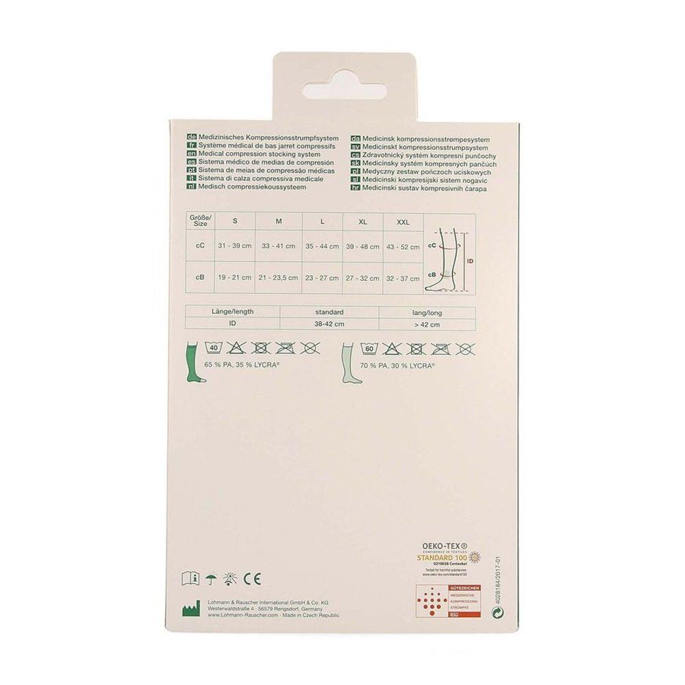 Dos de la boîte avec tableau des tailles et informations sur le produit. Certification Oeko-Tex.