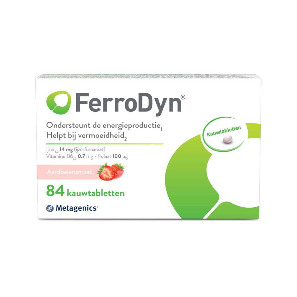 Weiße Verpackung mit Produktnamen FerroDyn. Enthält 84 Kautabletten mit Erdbeergeschmack. Marke Metagenics.