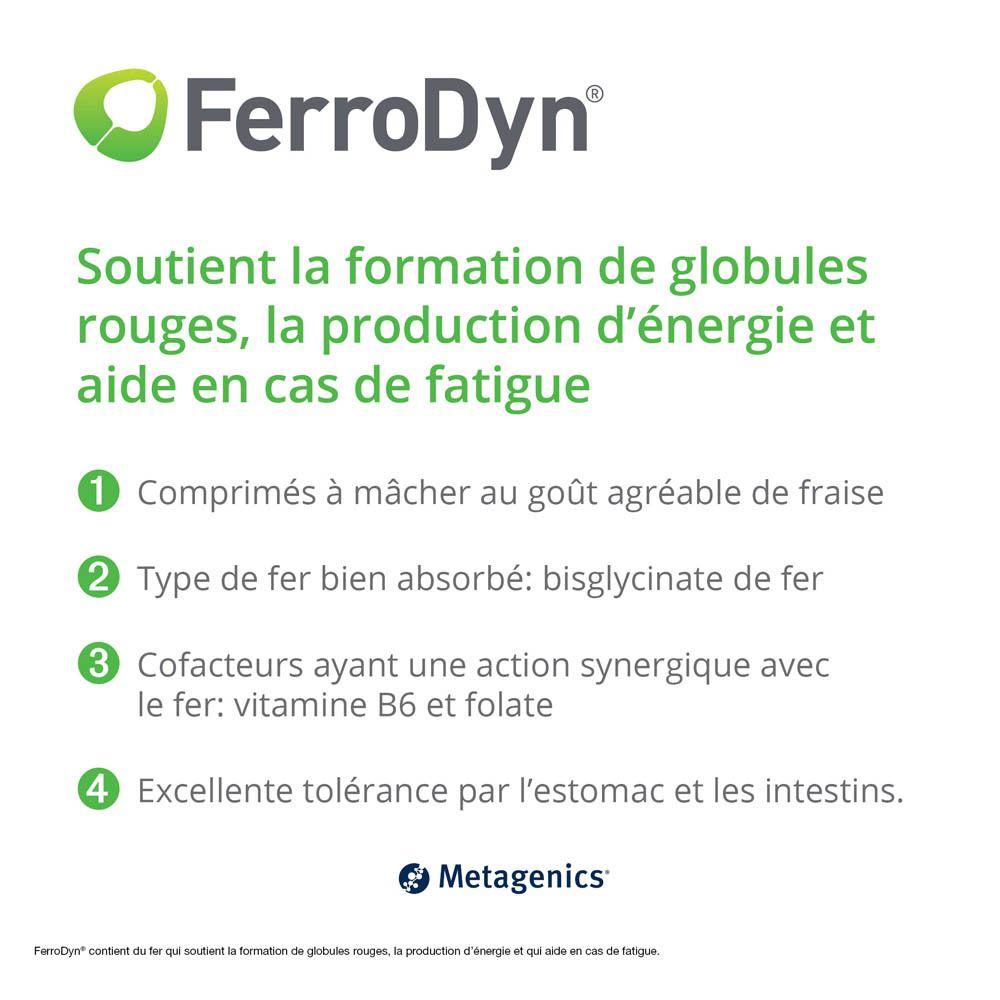 Boîte de FerroDyn. 84 comprimés à mâcher, goût fraise. Marque Metagenics.
