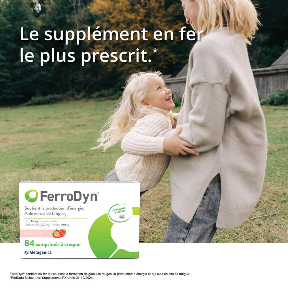 Boîte de FerroDyn. 84 comprimés à mâcher, goût fraise. Marque Metagenics.