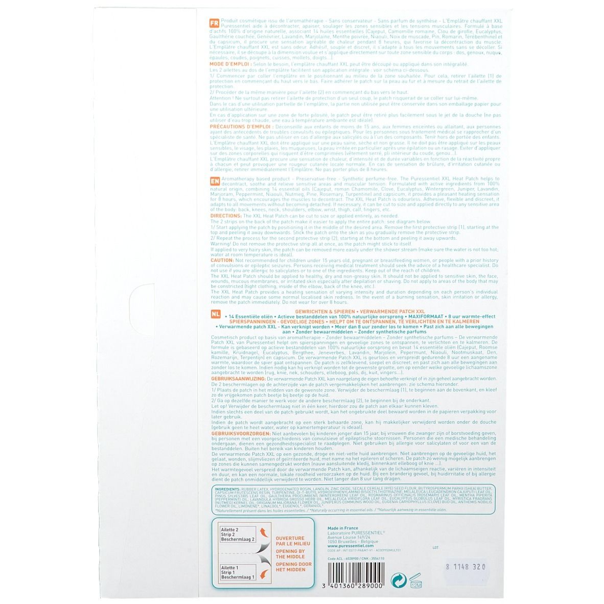 Rückseite der Verpackung. Text in mehreren Sprachen. Unten Piktogramme und Barcode.