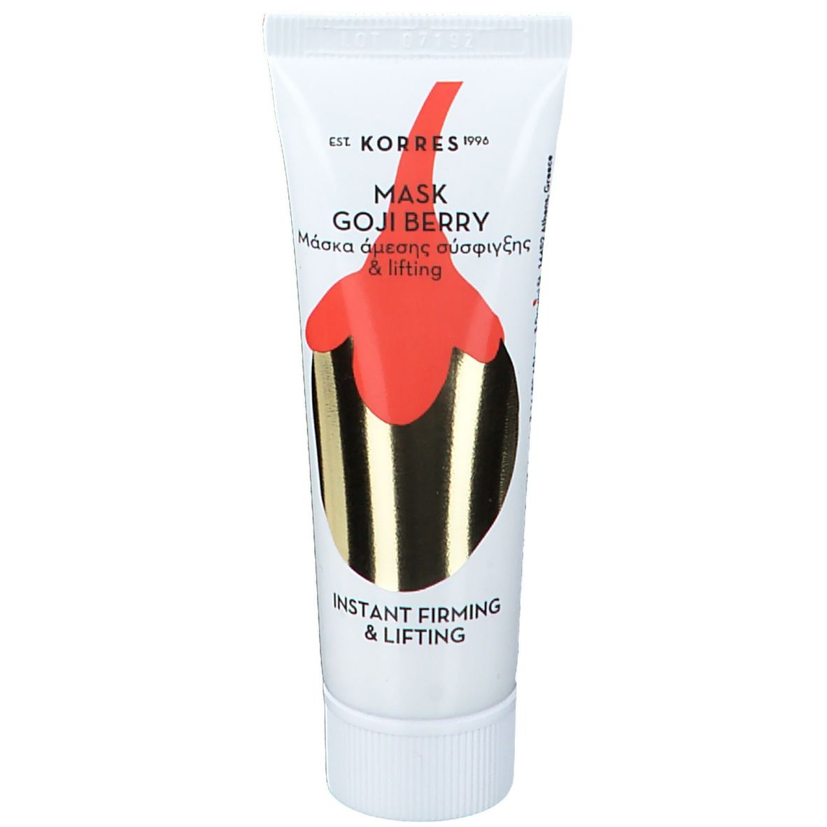 Tube blanc avec design rouge et doré. Inscription: KORRES, Mask Goji Berry, Instant Firming & Lifting.