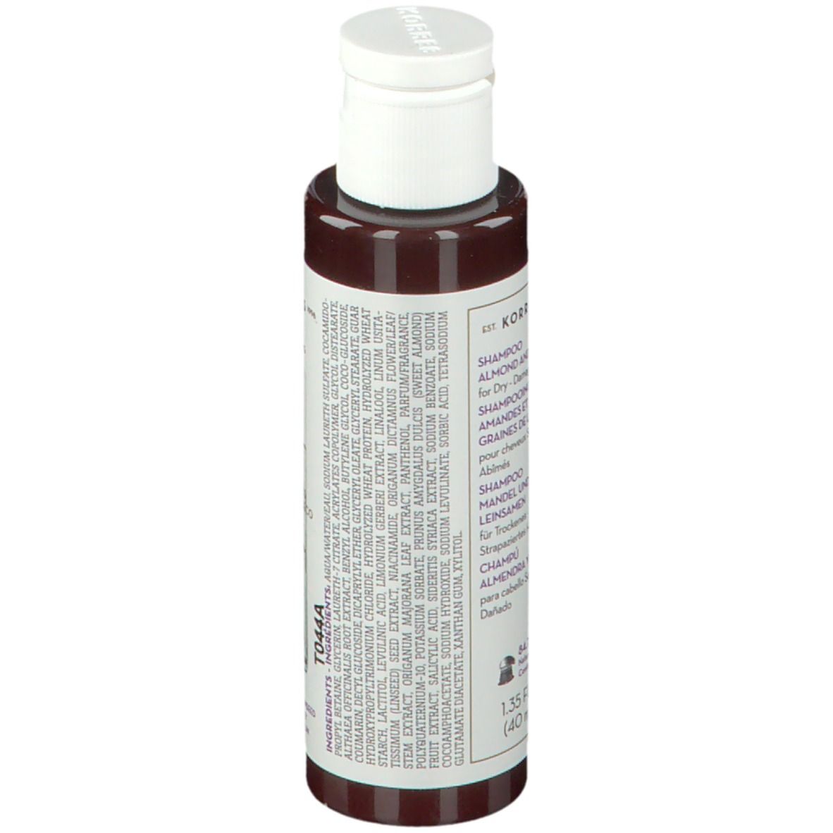 KORRES Shampoo-Flasche. Rückseite mit Inhaltsstoffen, weißer Deckel. Text: Mandel und Leinsamen für trockenes Haar.