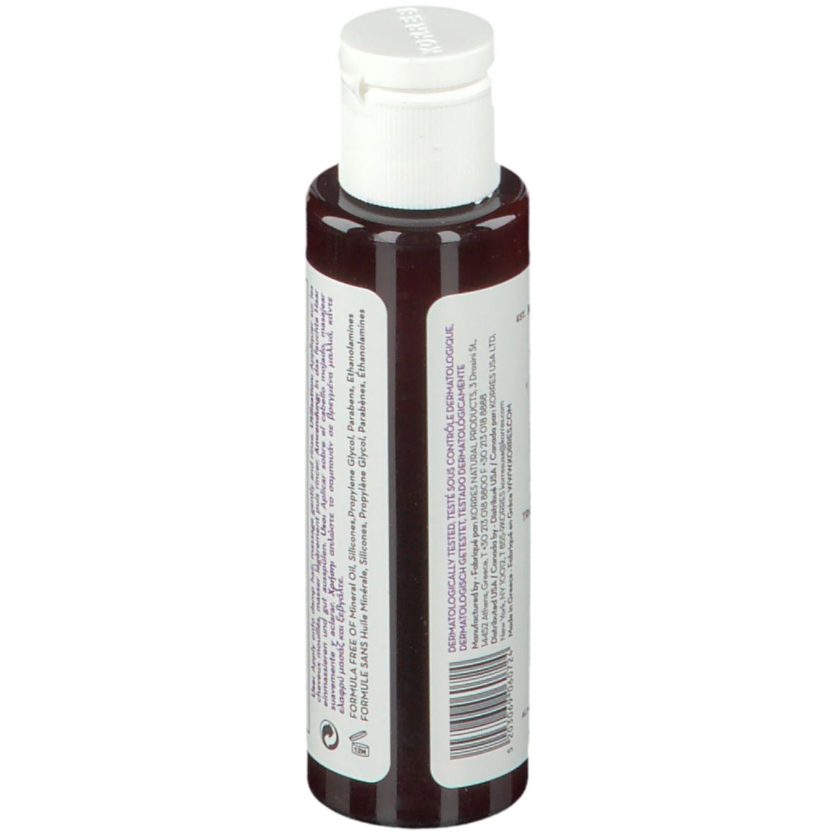 KORRES Shampoo-Flasche. Braun, weißer Deckel. Etikett mit Inhaltsstoffen, Mandel- und Leinsamen-Abbildung.