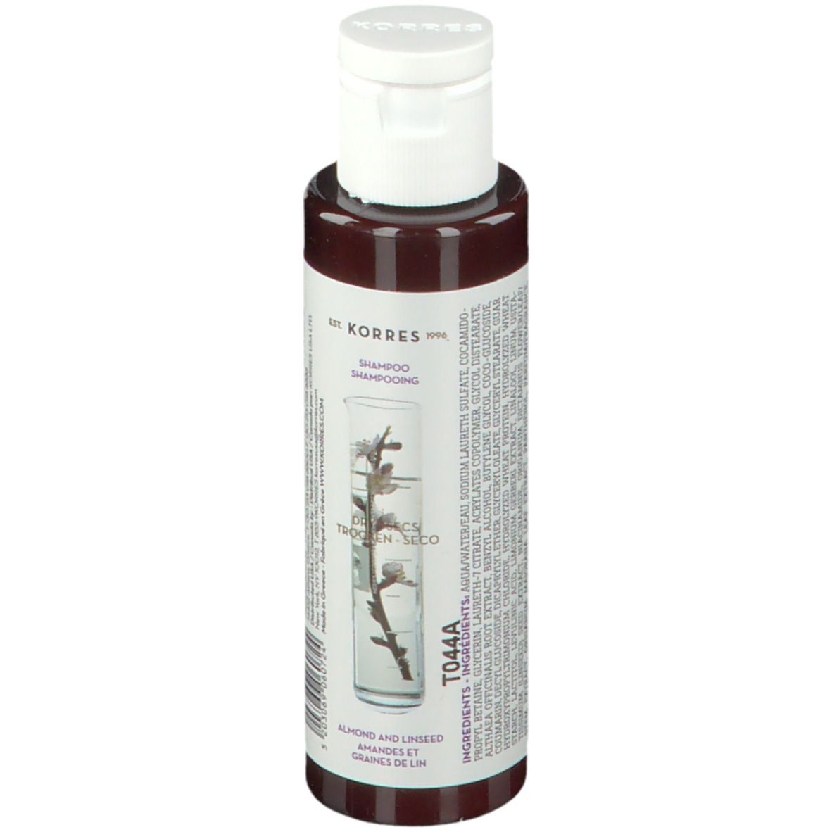 KORRES Shampoo-Flasche. Braun, weißer Deckel. Etikett mit Inhaltsstoffen, Mandel- und Leinsamen-Abbildung.