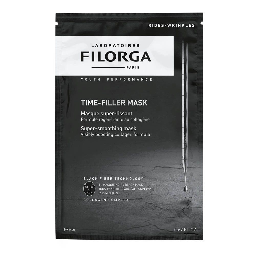 Masque facial noir en sachet. Nom du produit : TIME-FILLER MASK. Marque : FILORGA. Contient du complexe de collagène. Technologie Black Fiber.