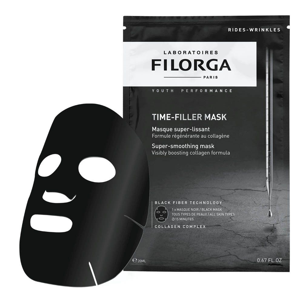Masque facial et masque côte à côte. Produit : TIME-FILLER MASK. Marque : FILORGA. Contient du complexe de collagène. Technologie Black Fiber.