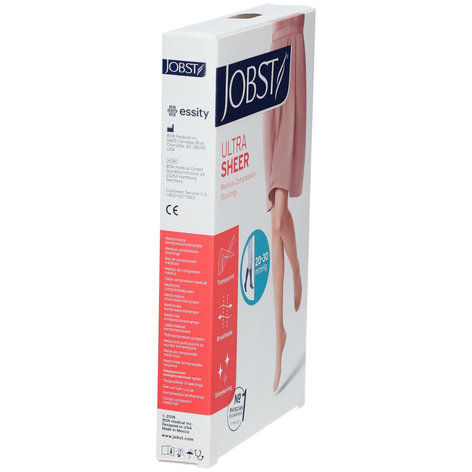 Verpackung von Jobst Ultrasheer-Kompressionsstrümpfen. Aufdruck: Ultra Sheer, transparente, atmungsaktive, schimmernde medizinische Kompressionsstrümpfe.