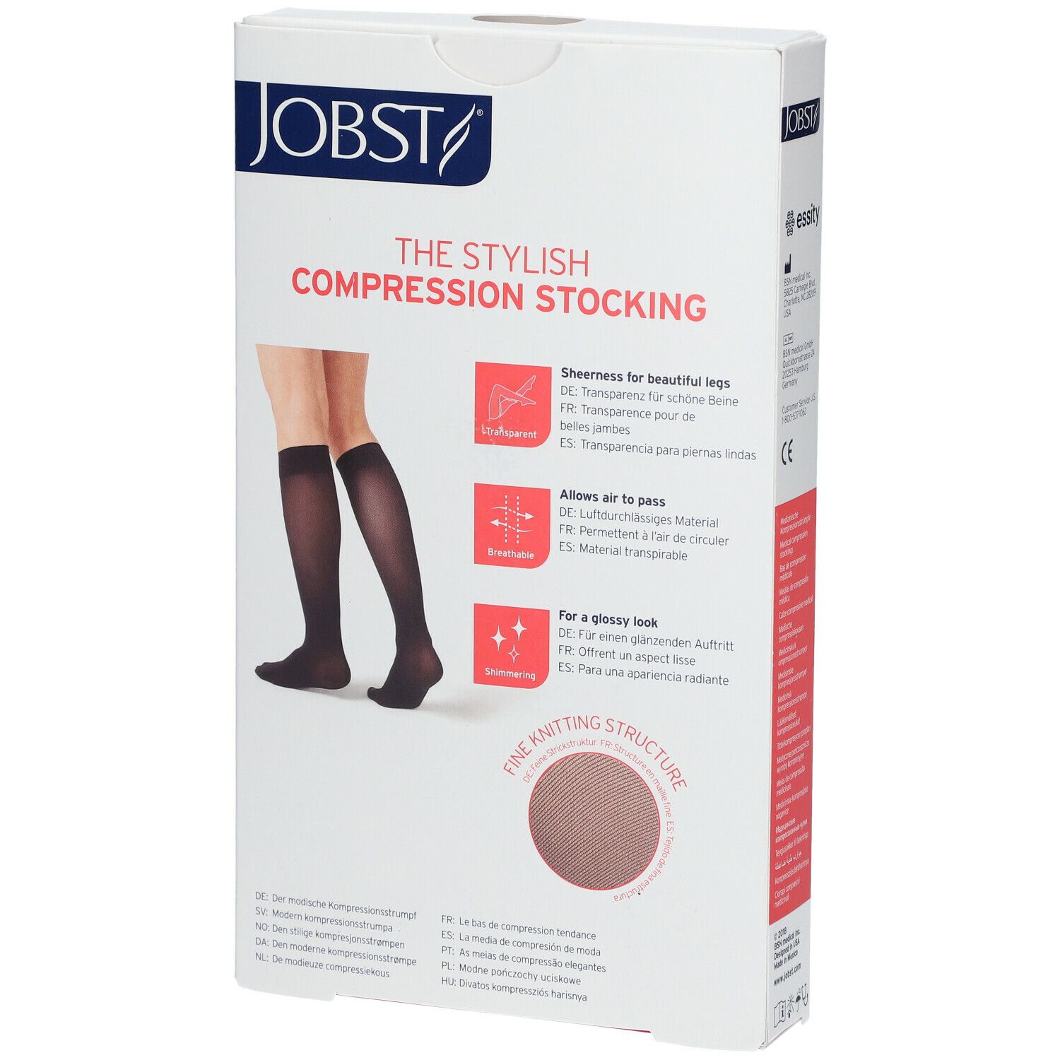 Verpackung von Jobst Kompressionsstrümpfen. Aufdruck: The Stylish Compression Stocking. Abbildung: schwarze Kniestrümpfe. Merkmale: transparent, atmungsaktiv, glänzend.