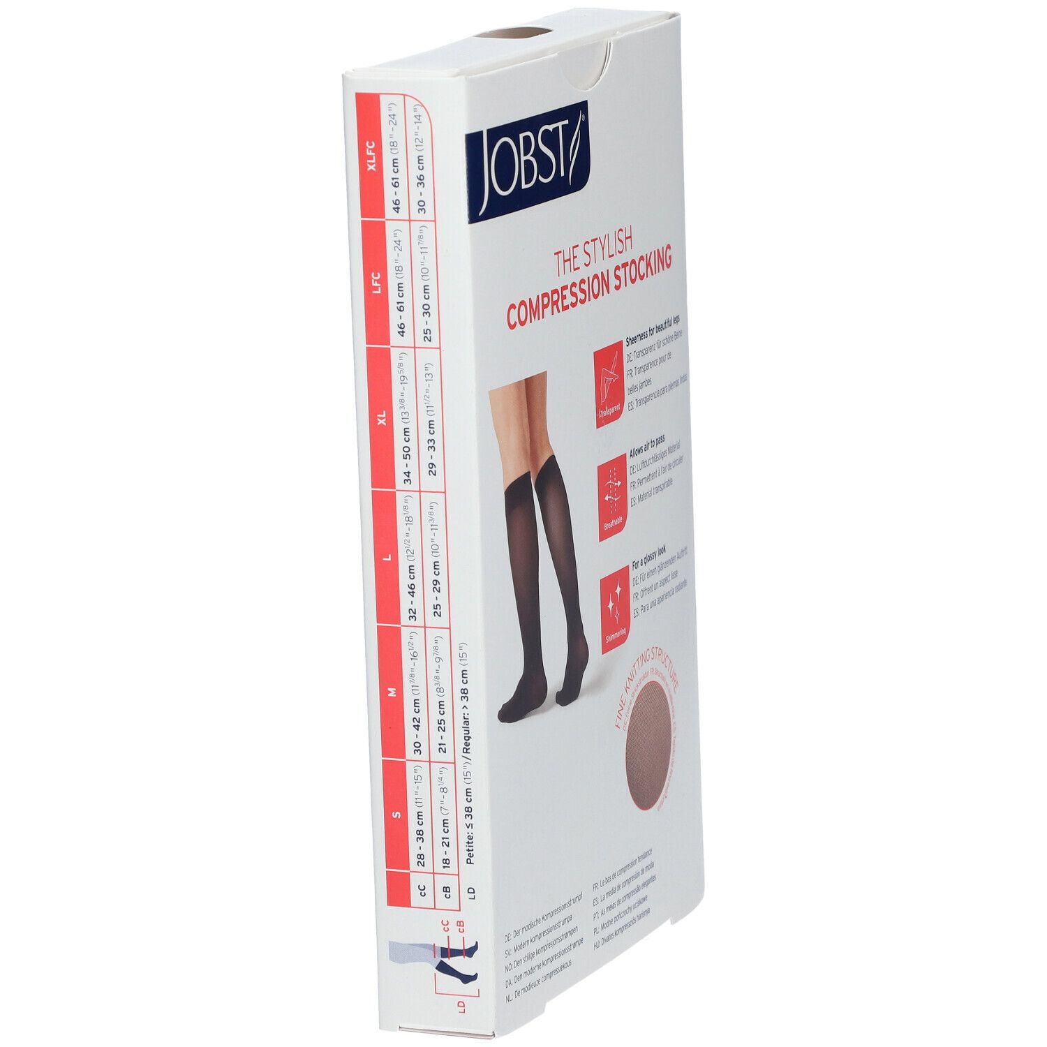 Verpackung von Jobst Kompressionsstrümpfen. Aufdruck: The Stylish Compression Stocking. Größenangaben. Abbildung: schwarze Kniestrümpfe.