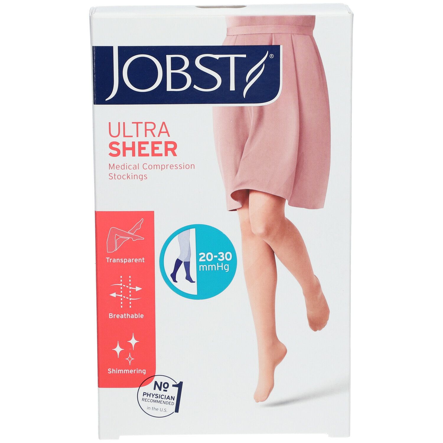 Verpackung von Jobst Ultrasheer-Kompressionsstrümpfen. Aufdruck: Ultra Sheer, transparente, atmungsaktive, schimmernde medizinische Kompressionsstrümpfe.