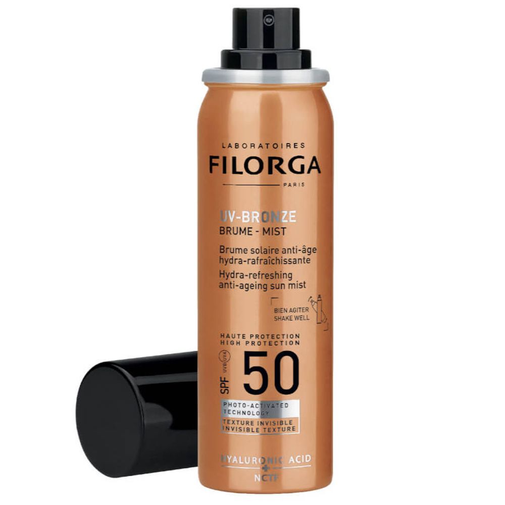 Sonnenspray mit schwarzem Deckel. Aufschrift: UV-Bronze, SPF 50. Marke: Filorga.