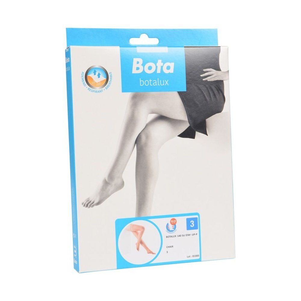 Emballage de bas de maintien Bota BOTALUX. Image de jambes. Nom du produit et détails sur l'emballage.