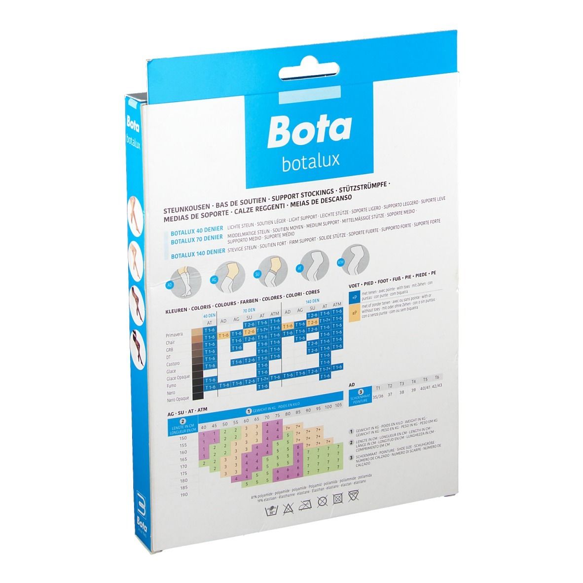 Rückseite der Bota BOTALUX 140 SU Stay-Up Verpackung. Produktinformationen, Größentabelle und Logos.