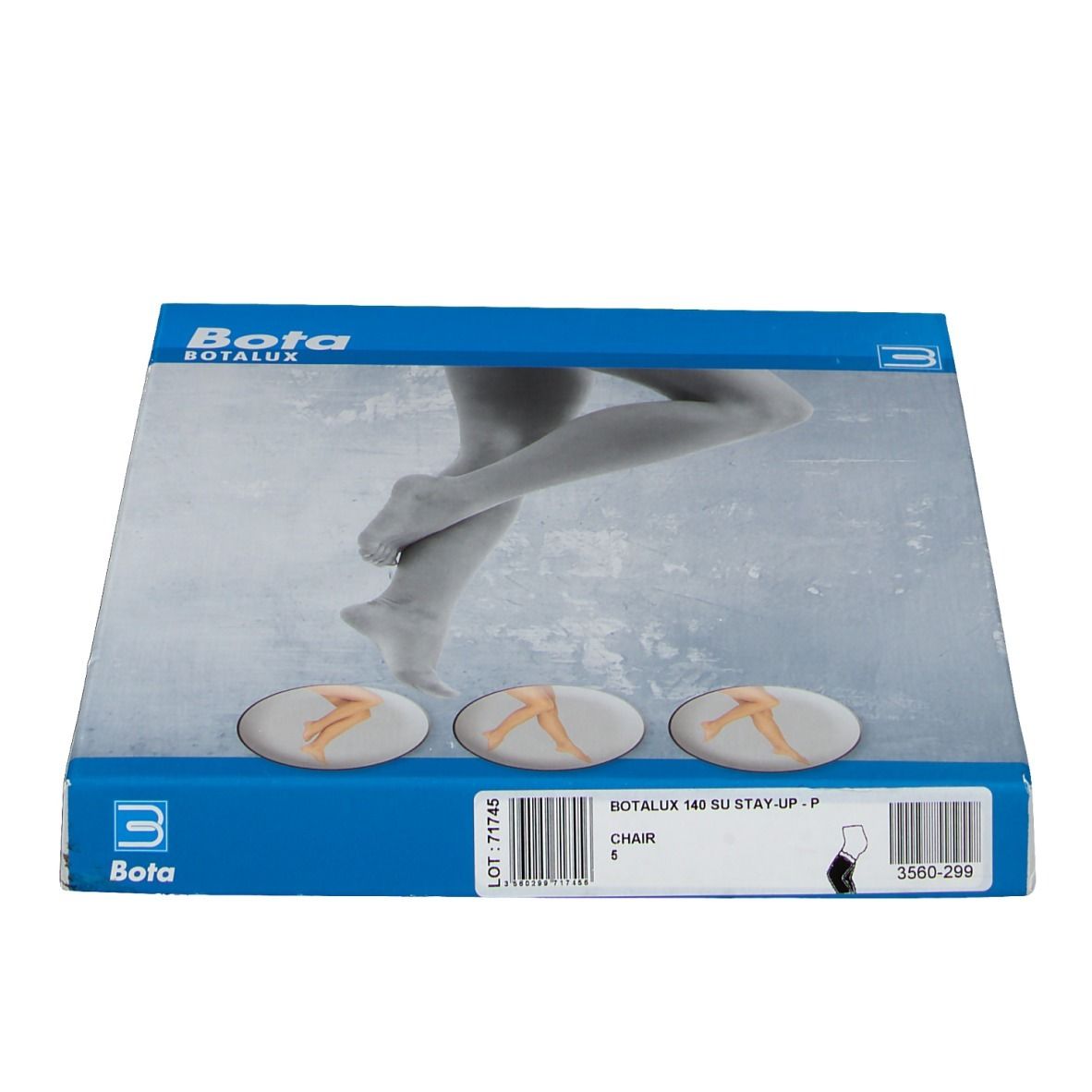 Verpackung mit Bota Botalux Stützstrümpfen. Blaue Schachtel mit Produktabbildung und Markenlogo. Produktbezeichnung und Größe.