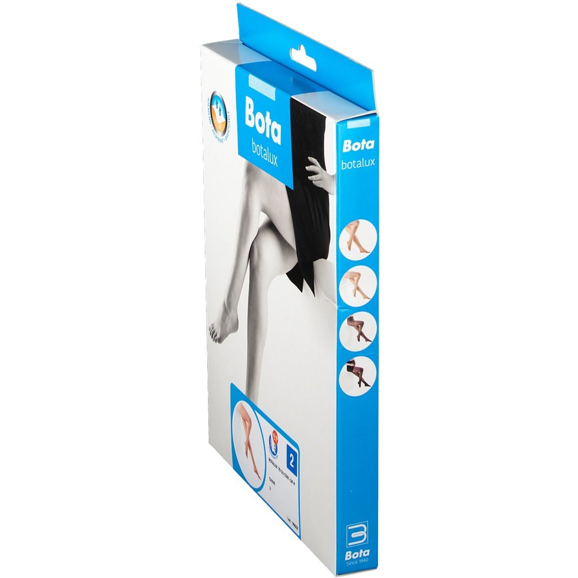 Emballage de bas Bota Botalux. Vue latérale. Illustration de jambes. Taille 2. Emballage bleu et blanc.
