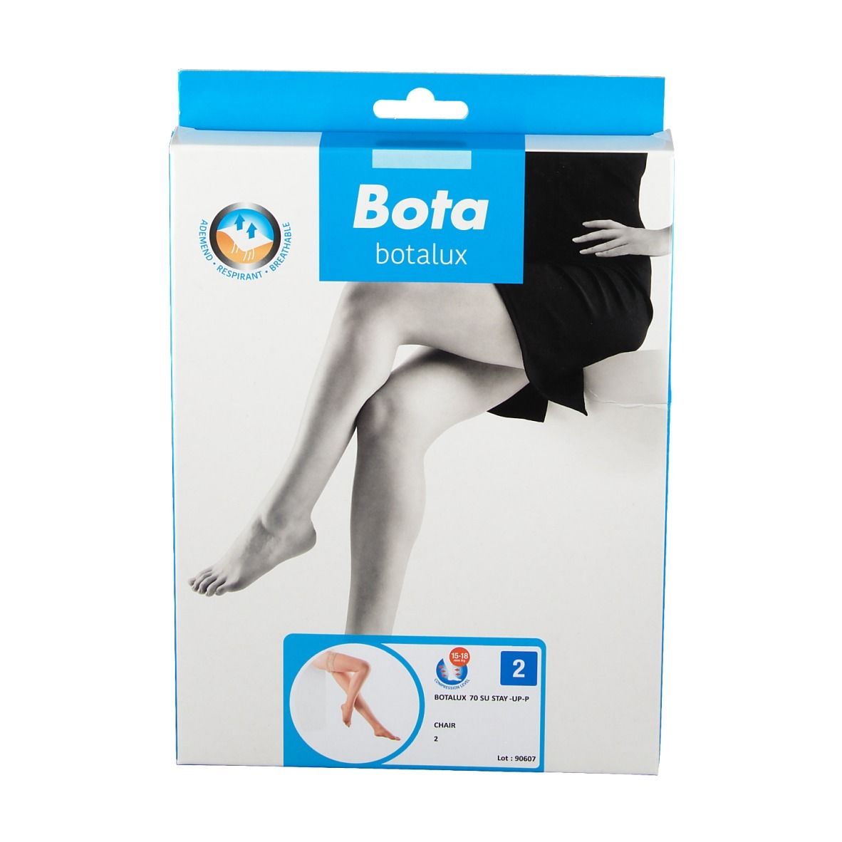 Emballage de bas Bota Botalux. Illustration de jambes. Taille 2. Emballage bleu et blanc.