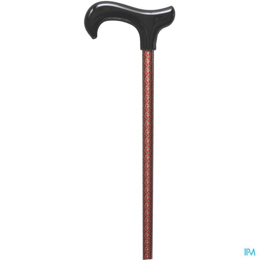 Gehstock mit schwarzem Derby-Griff und rotem Schaft mit floralem Muster. Der Griff ist ergonomisch geformt.