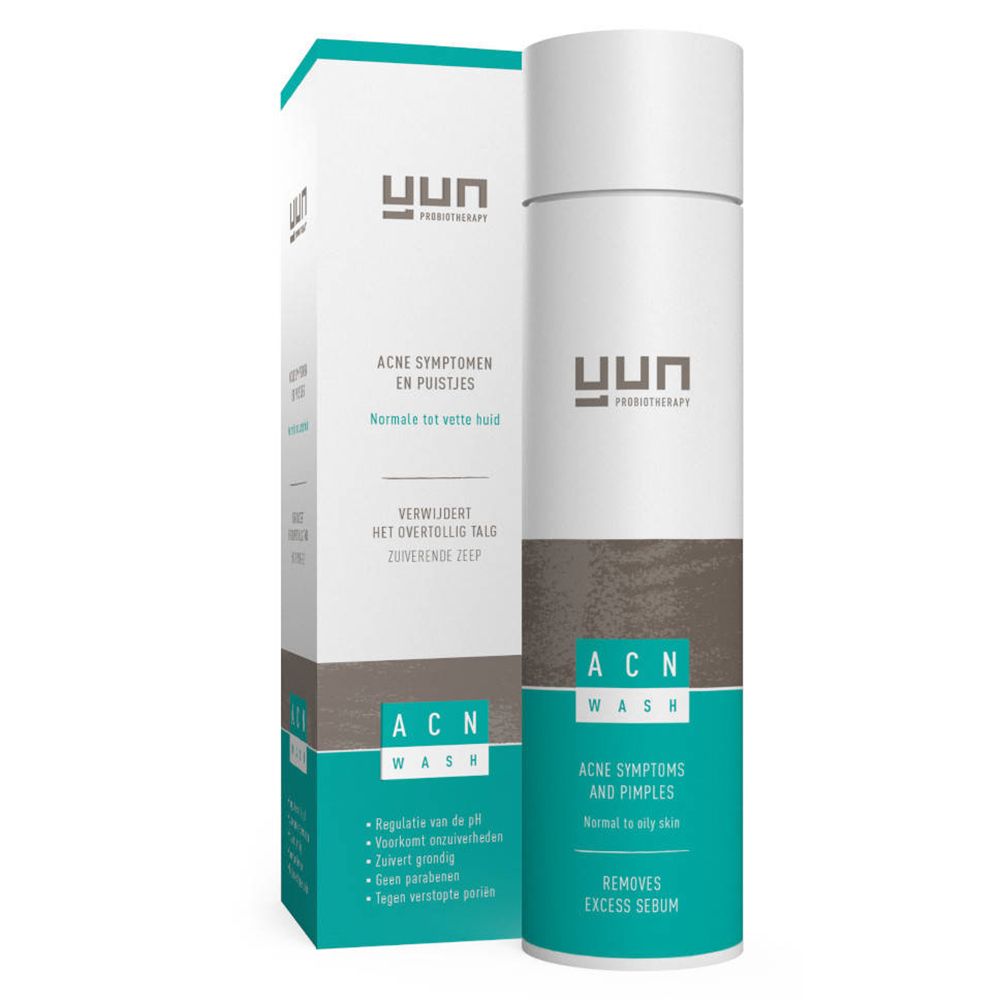 Zwei weiße Flaschen mit braunem Band. Aufschrift: YUN, ACN Wash. Auf der Verpackung: Akne-Symptome und Pickel.