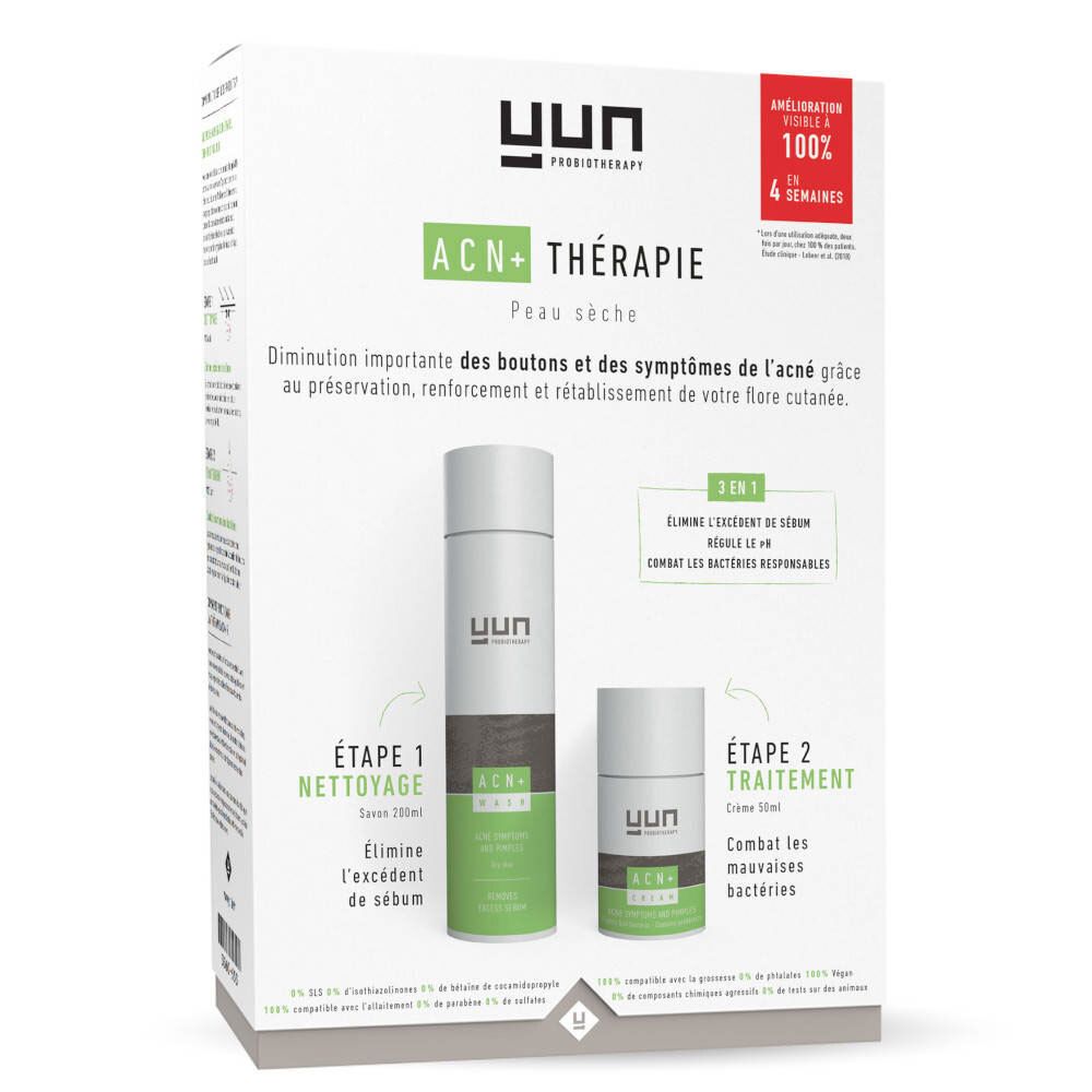 Verpackung mit zwei Produkten. Aufschrift: YUN ACN+ Therapie. Enthält Reinigungs- und Behandlungscreme.