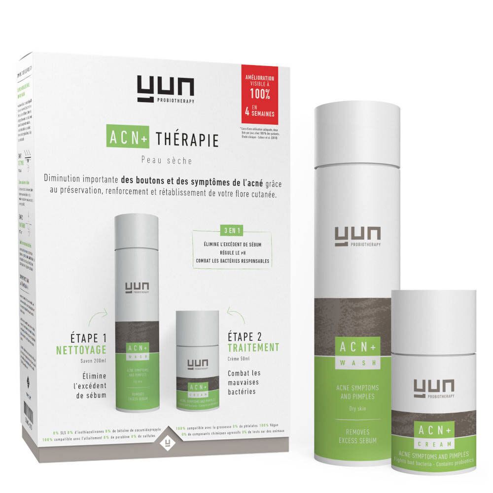 Verpackung mit zwei Produkten und zwei weiteren Produkten. Aufschrift: YUN ACN+ Therapie. Reinigungs- und Behandlungsprodukte.