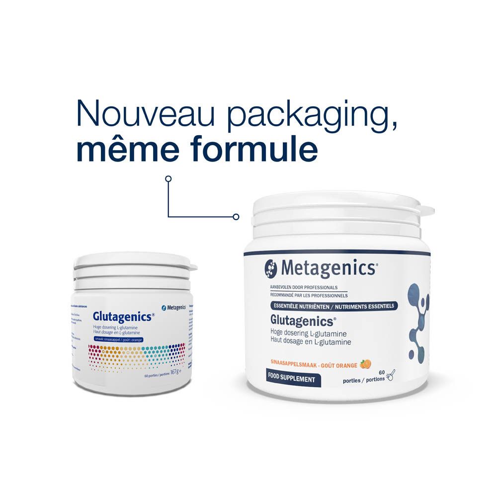 Pot blanc avec couvercle. Inscription Glutagenics®, Metagenics®. Logo goût orange.