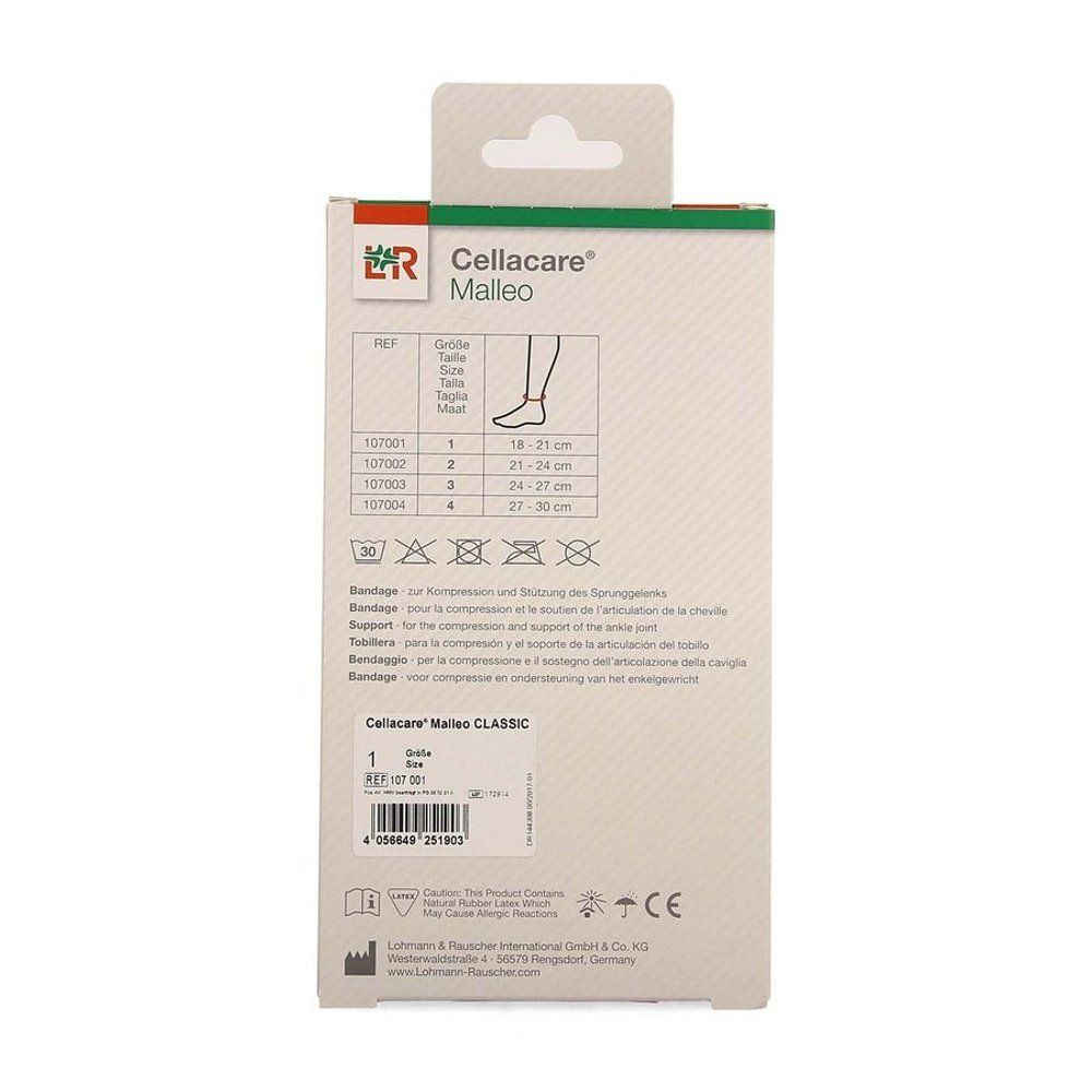 Dos de l'emballage Cellacare Malleo Classic. Nom du produit, indications de taille, symboles de lavage et informations fabricant.