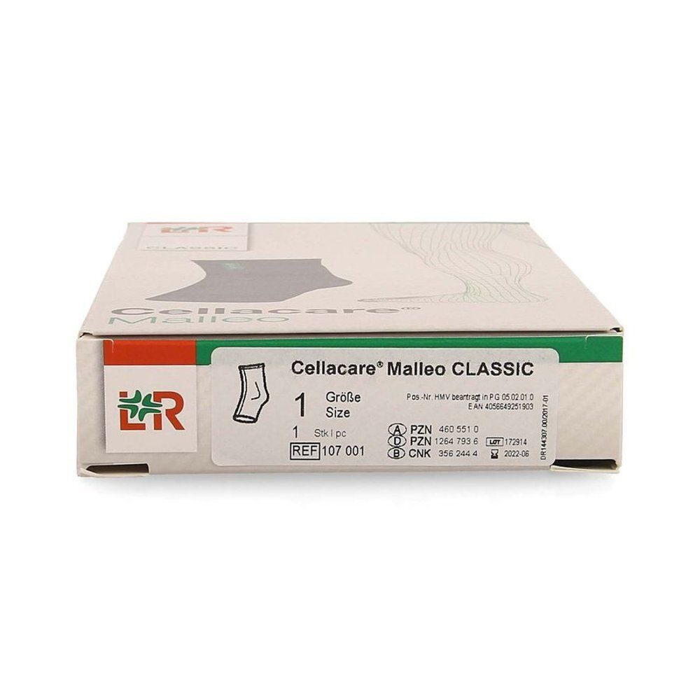 Cellacare Malleo Classic, emballage. Boîte blanche avec image du produit et étiquette de taille. Logo à gauche.