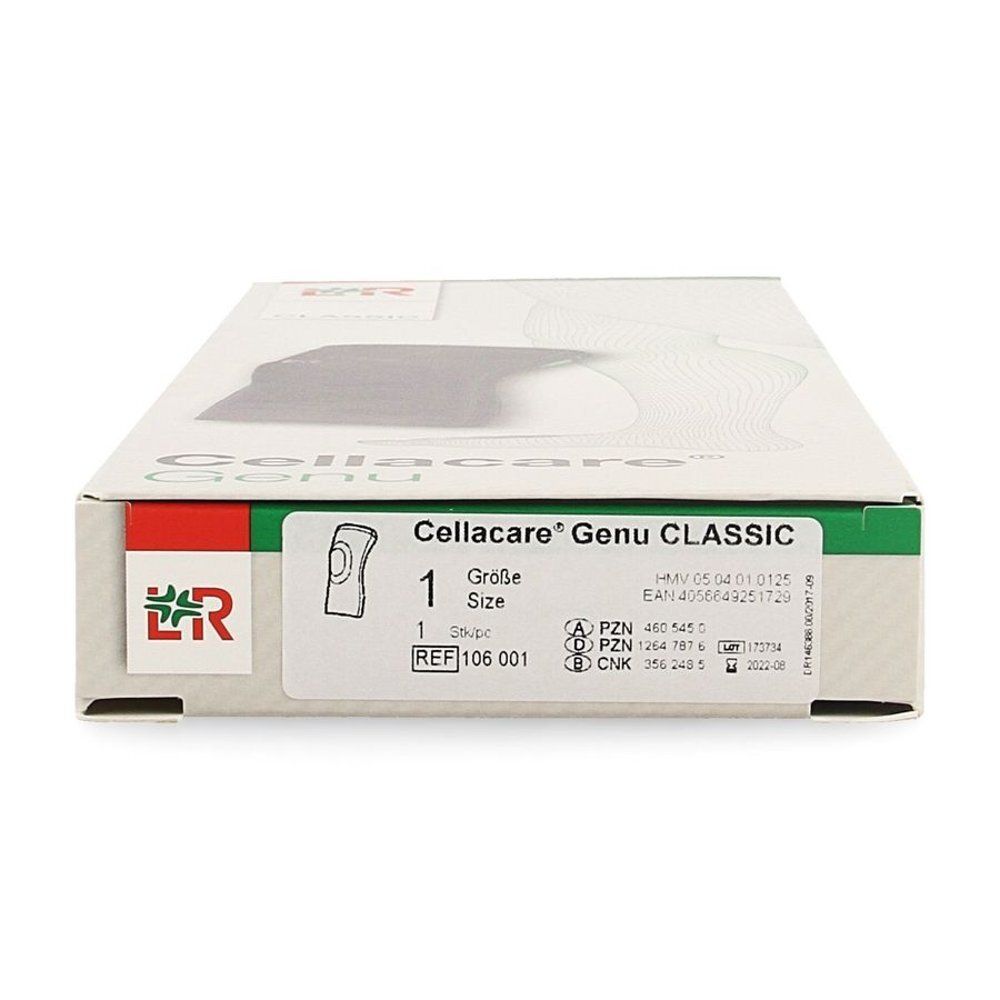 Emballage, vue de dessus. Impression : Cellacare Genu CLASSIC, taille 1. Étiquette avec informations.