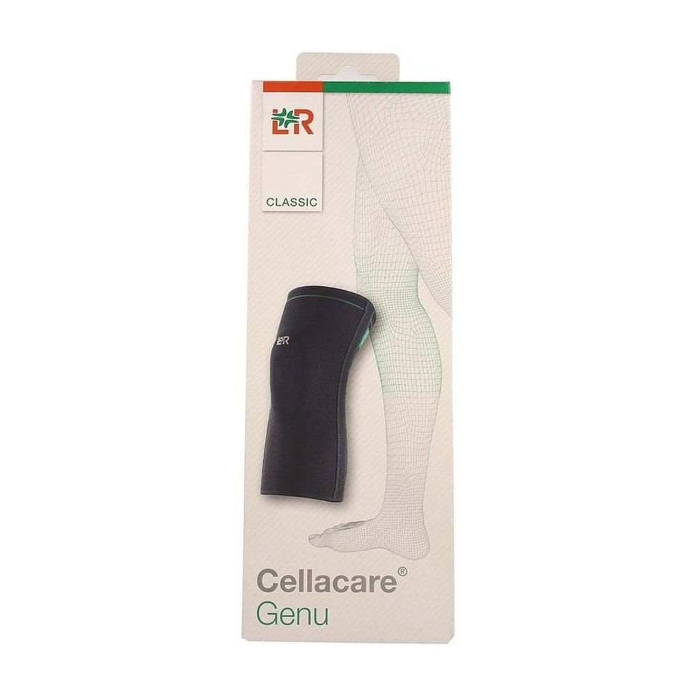 Cellacare® Genu Classic dans son emballage. Genouillère noire, emballage vert et blanc avec illustration de jambe.