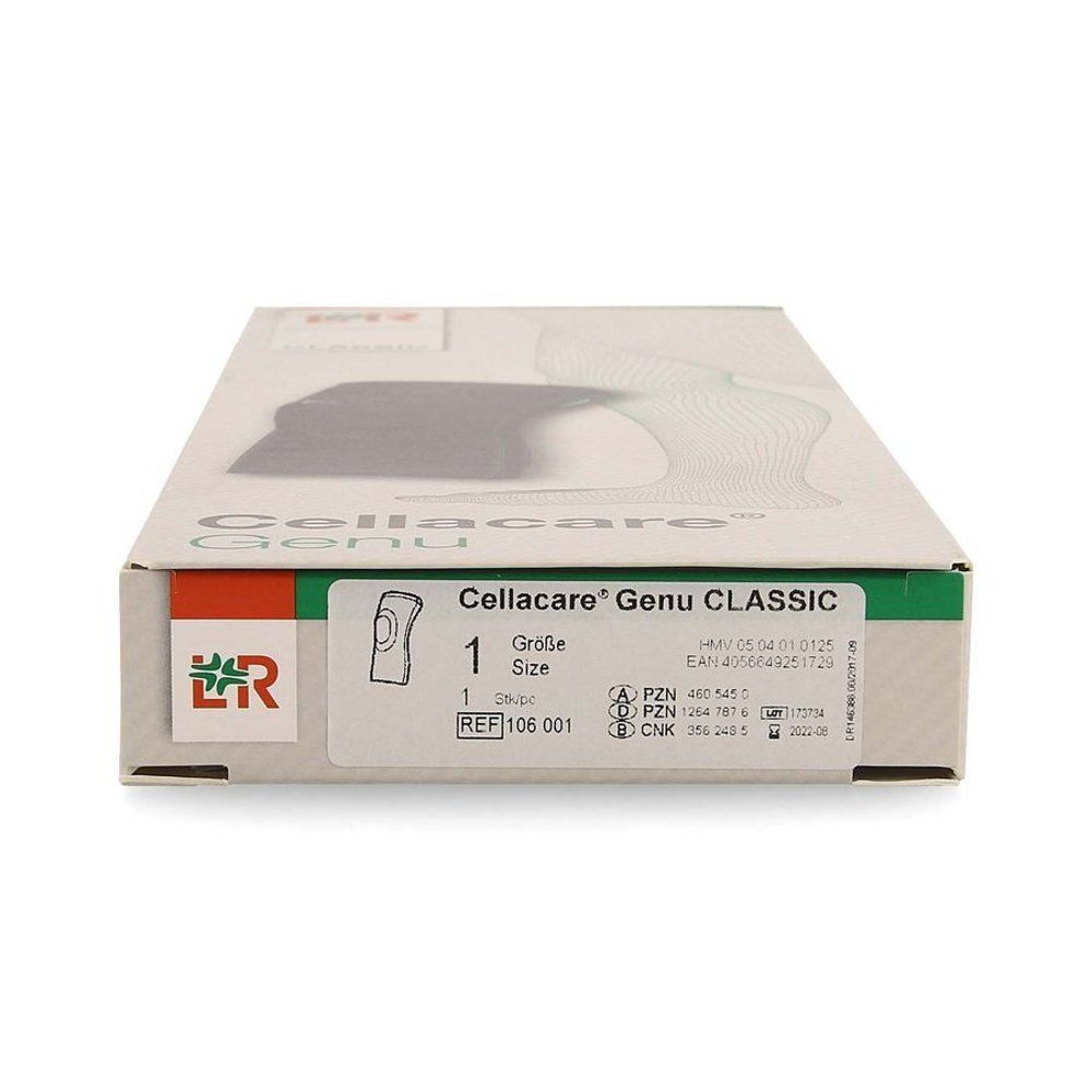 Emballage Cellacare Genu Classic. Boîte verte et blanche avec image du produit et indication de taille. Inscription : Cellacare Genu CLASSIC.