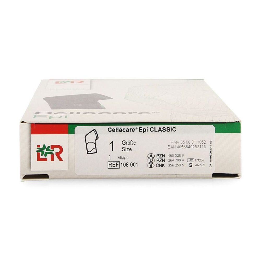 Emballage, vue de dessus. Nom du produit et taille 1. Logo et image du produit.