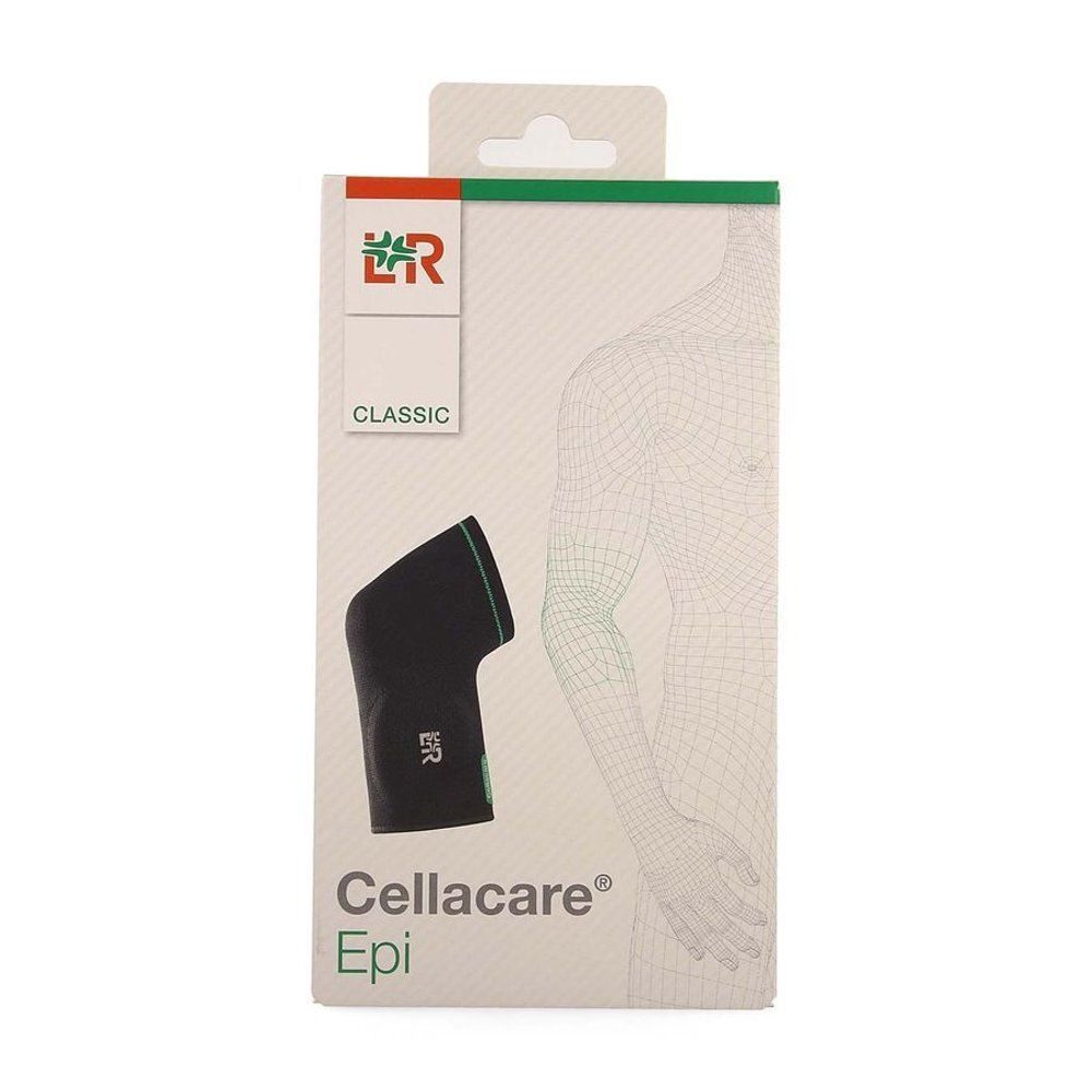 Bandage Cellacare Epi Classic dans son emballage. Bandage noir avec bordure verte. Logo L&R. Montré sur un schéma de bras.