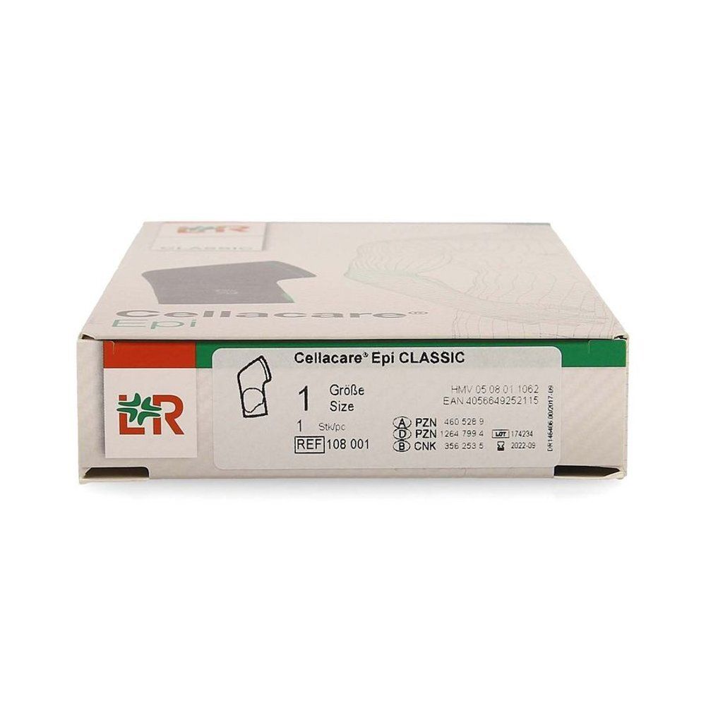 Boîte de Cellacare® Epi Classic. Inscription : Taille 1, 23-26 cm. Logo L&R. Image du produit. Numéro PZN.