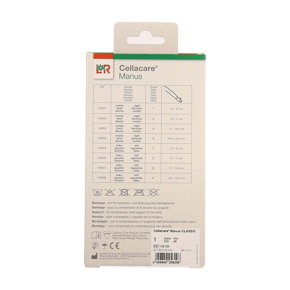Cellacare Manus Classic, emballage, dos. Tableau des tailles, symboles de lavage, informations fabricant. Inscription: Cellacare Manus Classic.