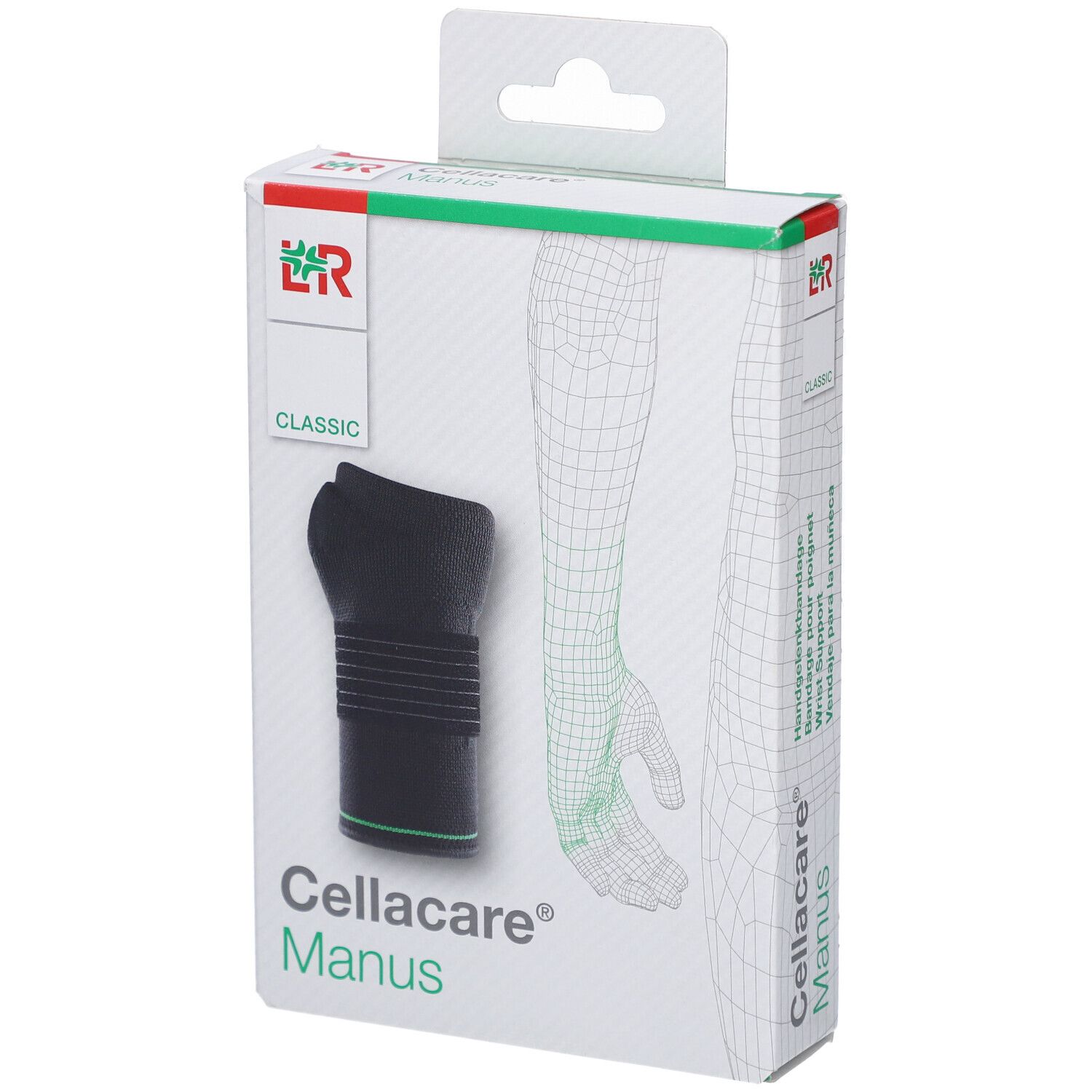 Verpackung der Cellacare® Manus Classic. Schwarze Bandage, grüne Akzente. Logo und Schriftzug Cellacare® Manus.