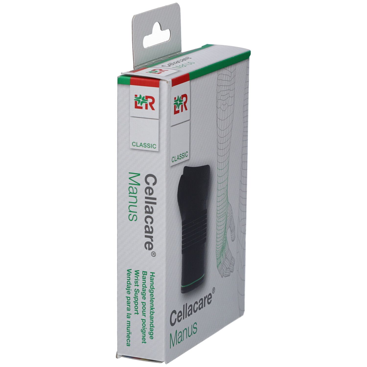 Verpackung Cellacare® Manus Classic. Schwarze Bandage, grüne Akzente. Text: Handgelenkbandage, Wrist Support.