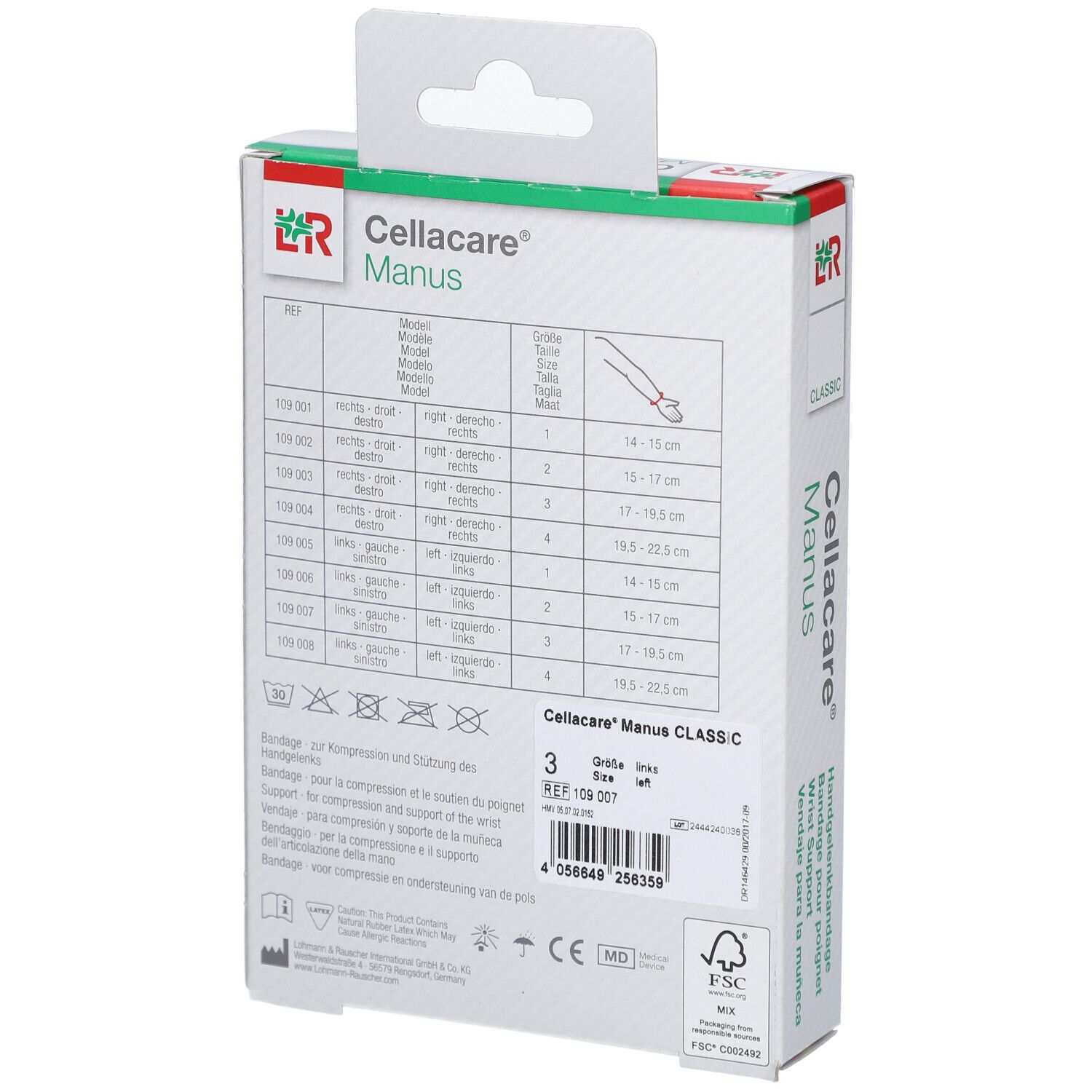 Rückseite der Cellacare® Manus Classic Verpackung. Größentabelle, Produktinformationen, Logo, Barcode, und Zertifizierungen.
