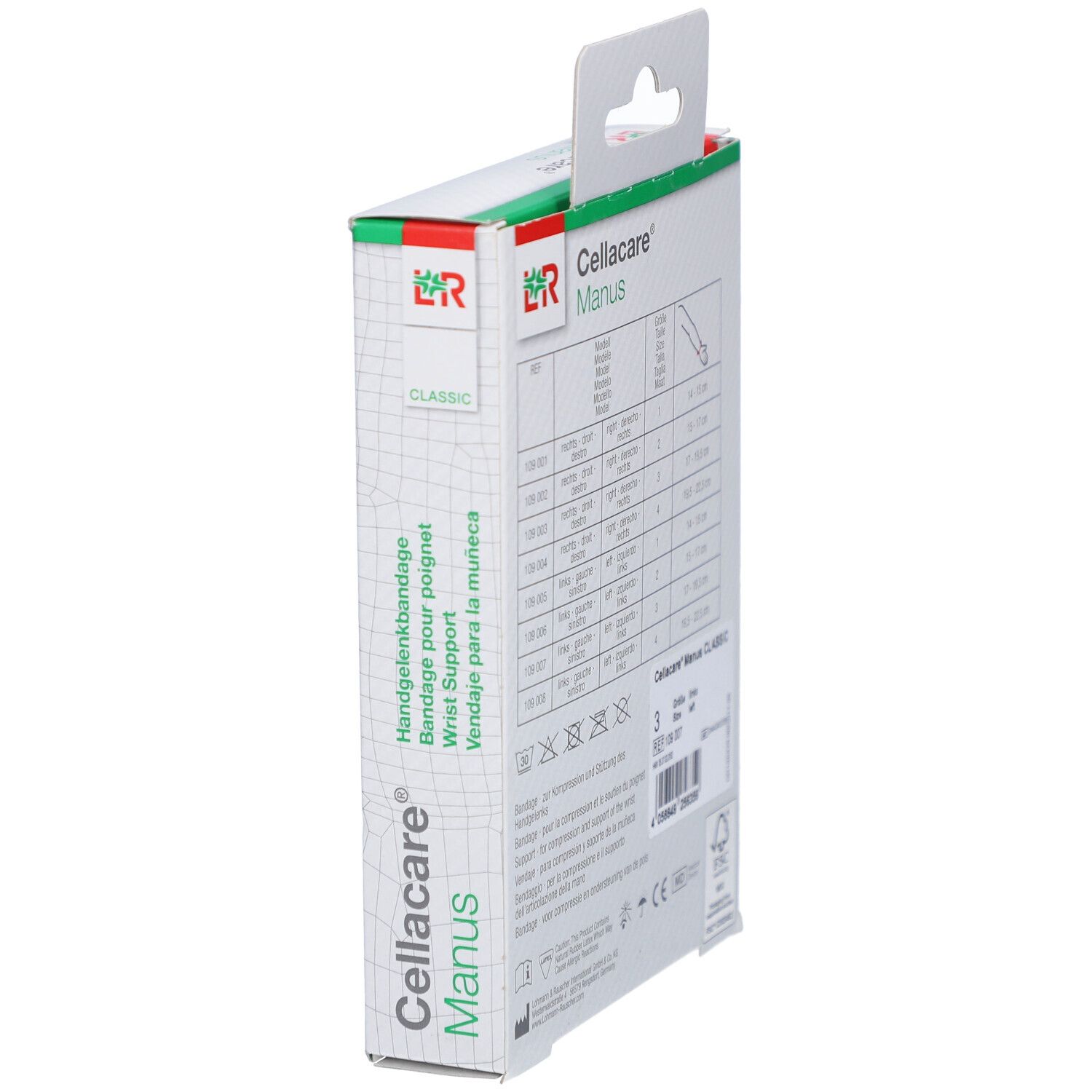 Seite der Cellacare® Manus Classic Verpackung. Text: Handgelenkbandage, Wrist Support. Logo und Produktnamen.