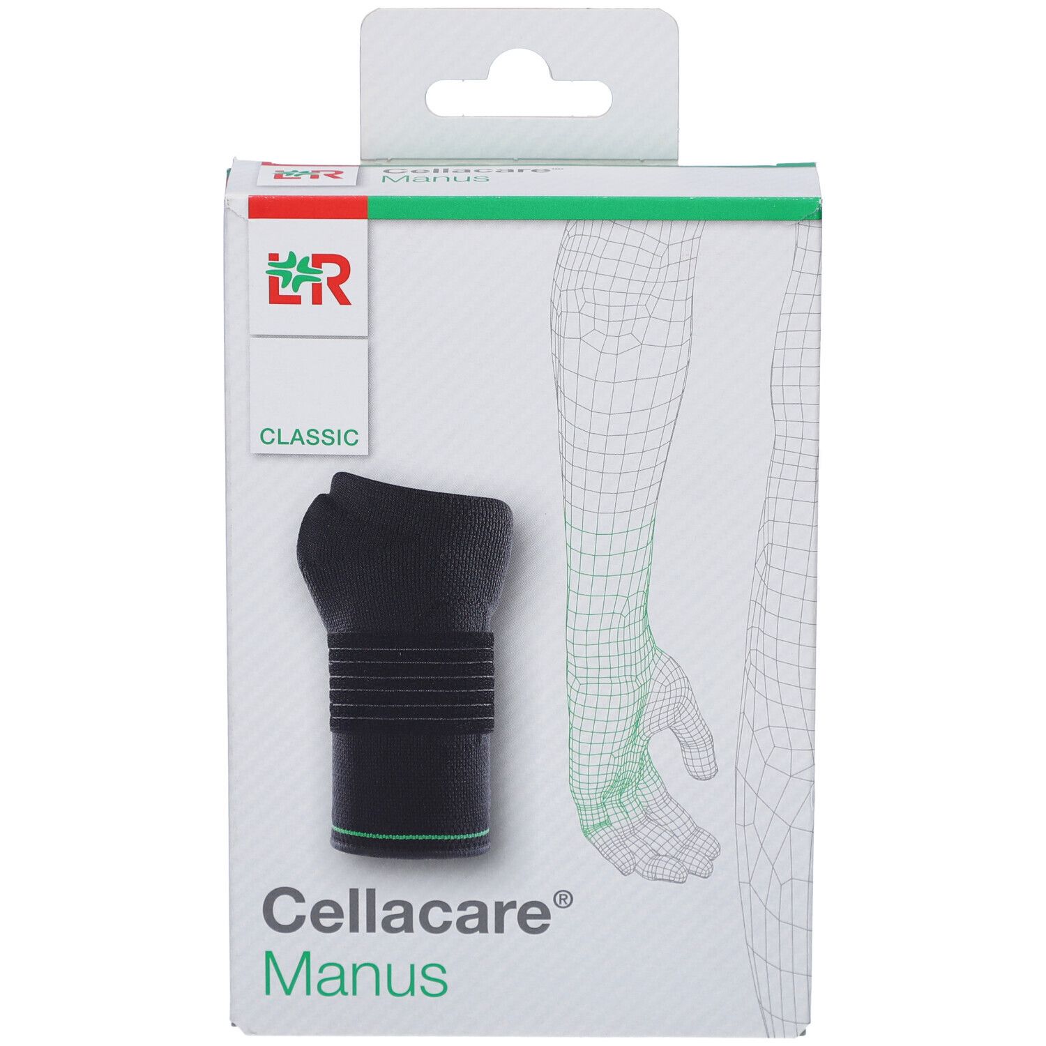 Verpackung Cellacare® Manus Classic. Schwarze Bandage, grüne Akzente. Logo und Schriftzug Cellacare® Manus.