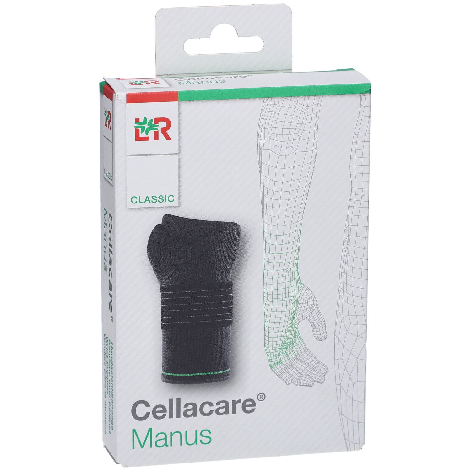 Verpackung Cellacare® Manus Classic. Schwarze Bandage, grüne Akzente. Logo und Schriftzug Cellacare® Manus.